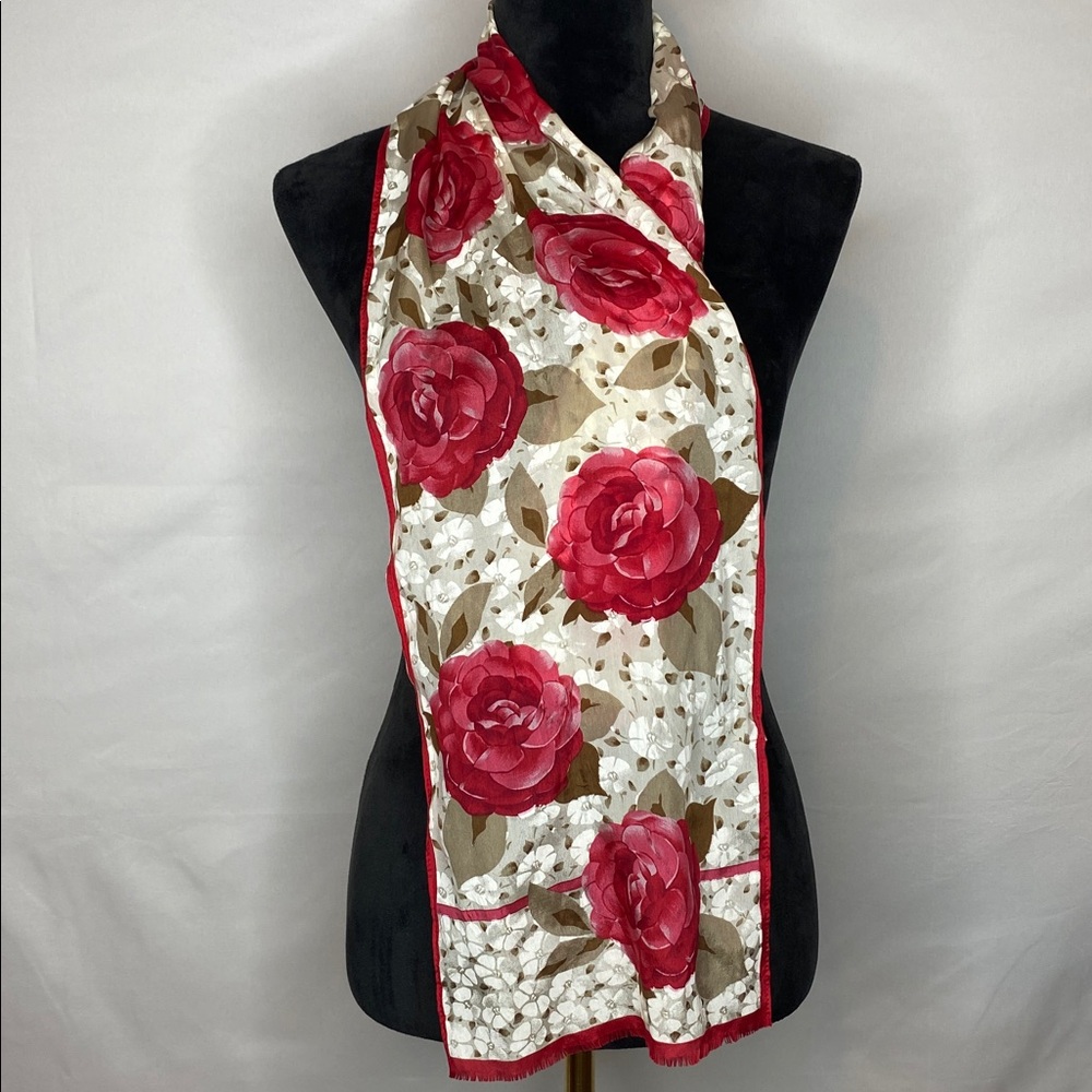 Vintage Worthington 100% Silk Red Rose Floral Raw Hem Classic Scarf